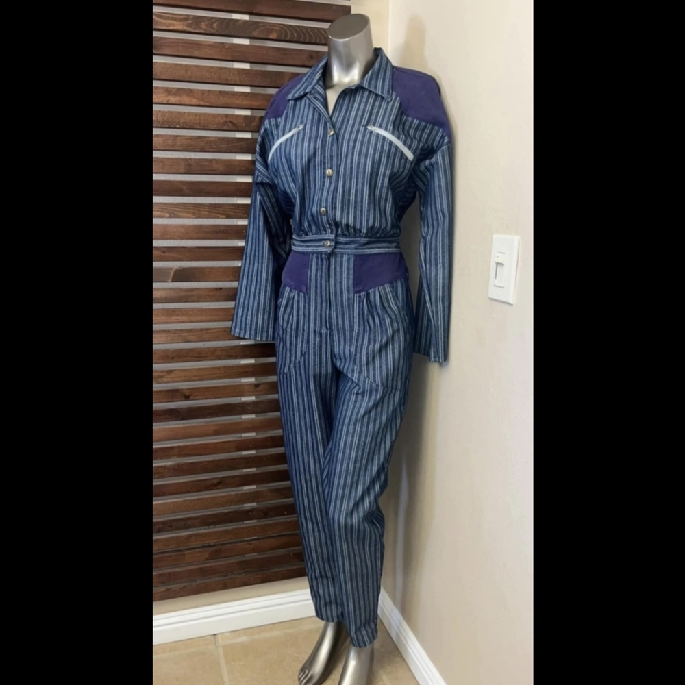 Navy Striped Jumpsuit with Belted Waist